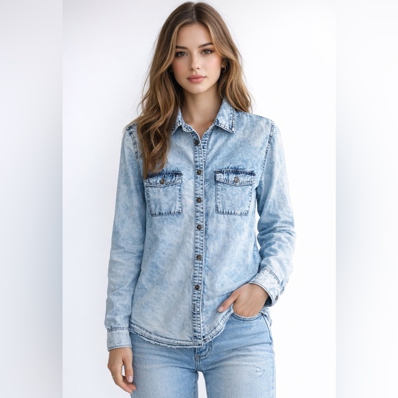 Garage Tops - Garage - Acid Wash Long Sleeve Denim Look Cotton Shirt - Size Medium